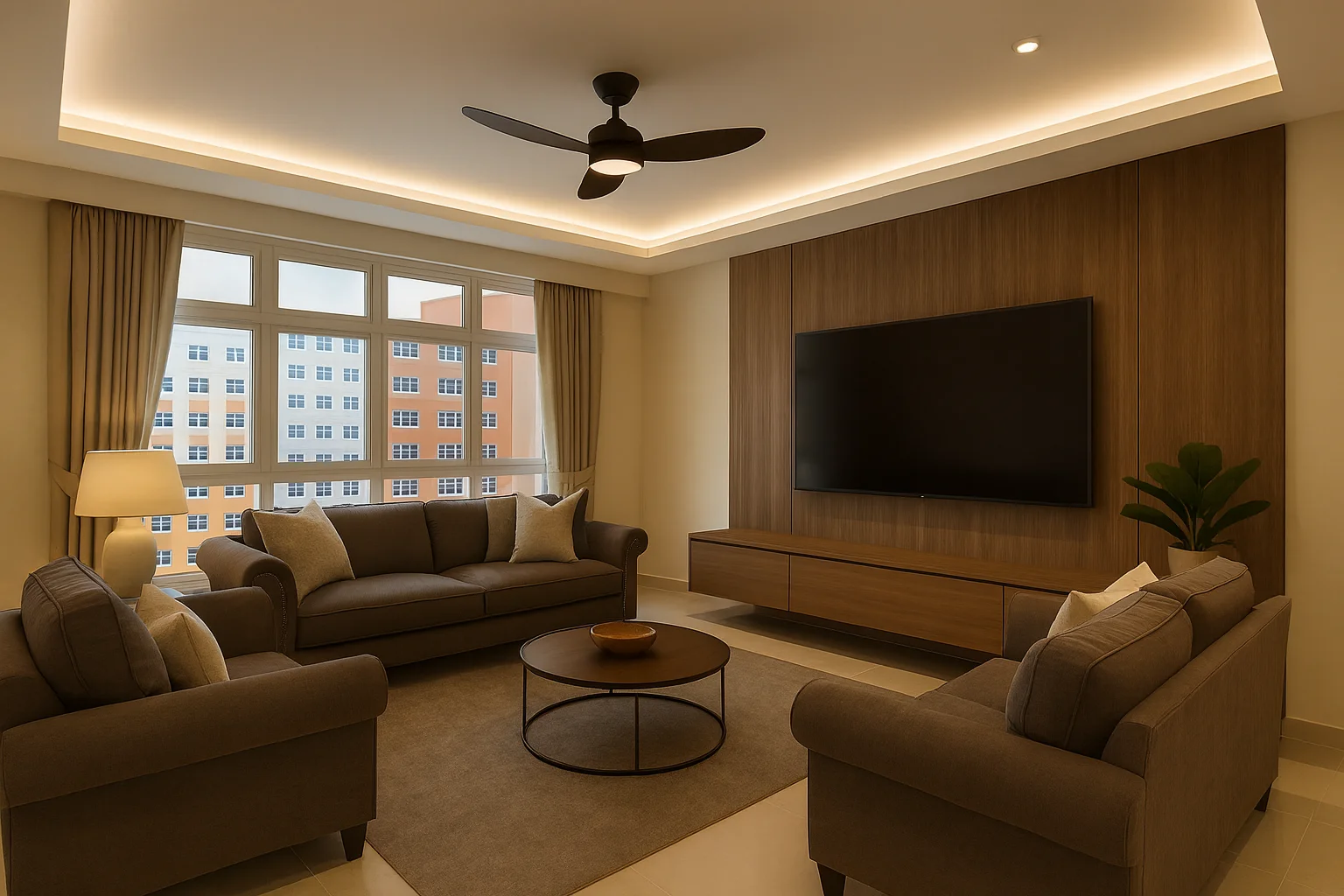 Bedok HDB resale living room with dark feature TV wall and warm timber tones