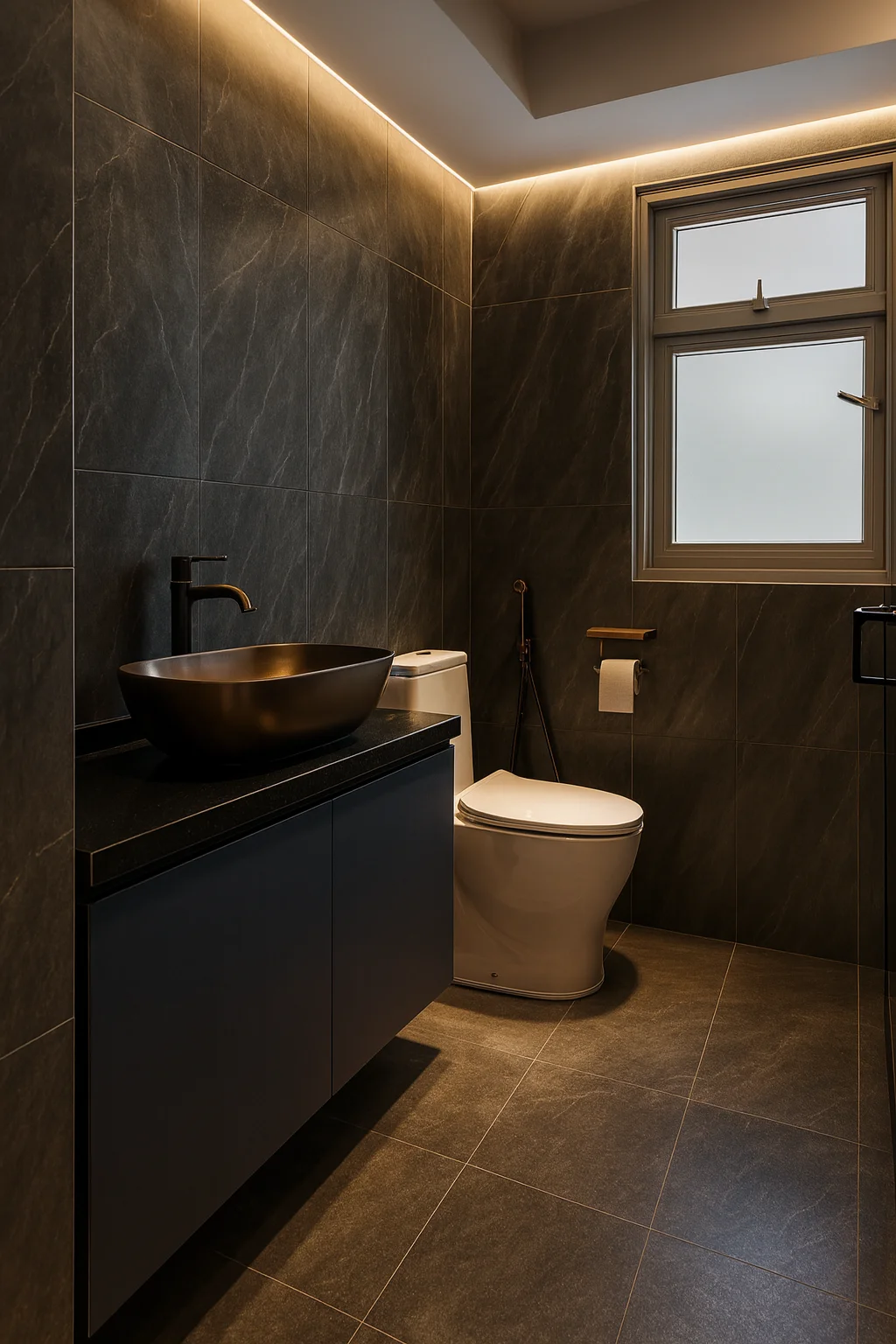 Renobros master bathroom in dark stone and timber, Bedok