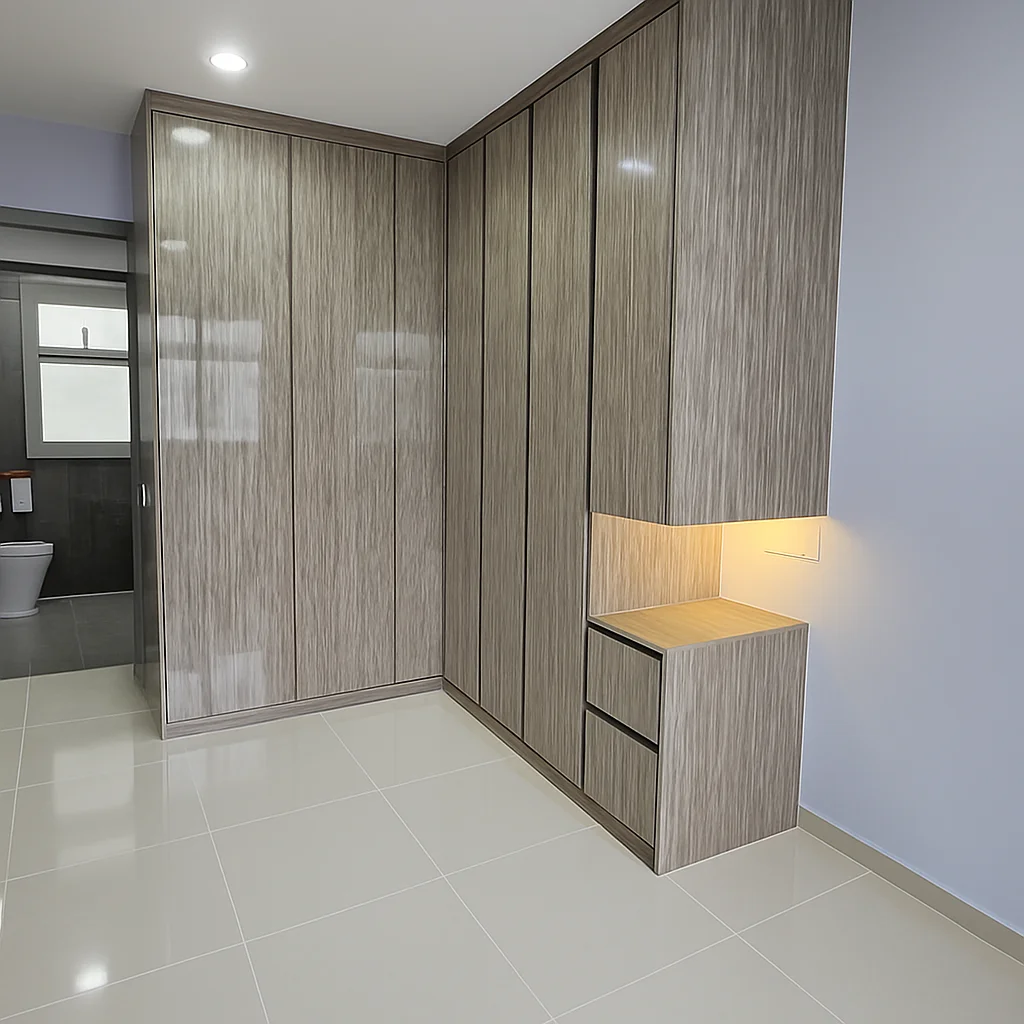 Bedok full-height timber wardrobe run beside the bathroom entry