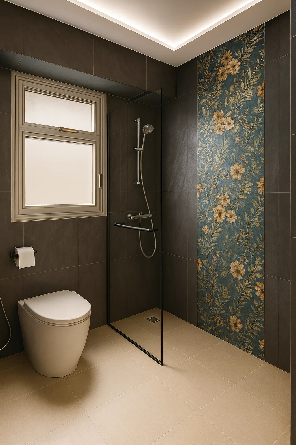 Bedok bathroom with patterned feature tiling and framed glass shower screen