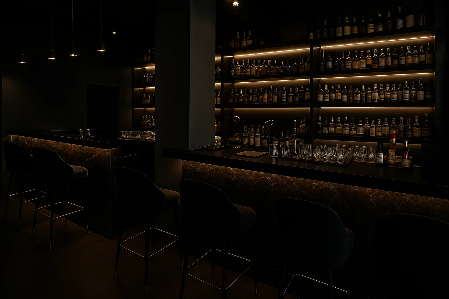 Renobros bar fit-out at Mayo Street with backlit bottle shelving