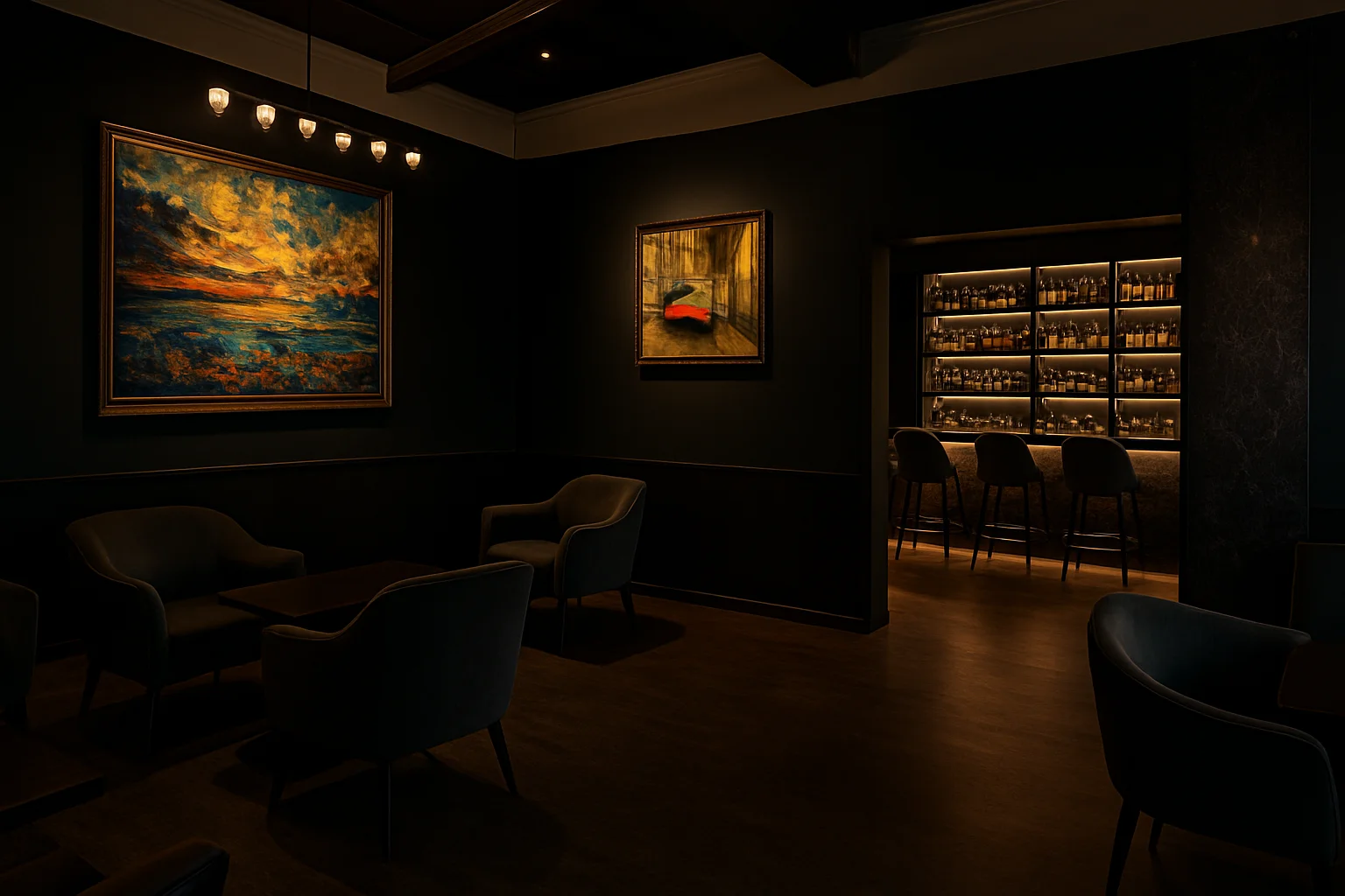 Mayo Street bar seating with framed artwork and low pendant lighting