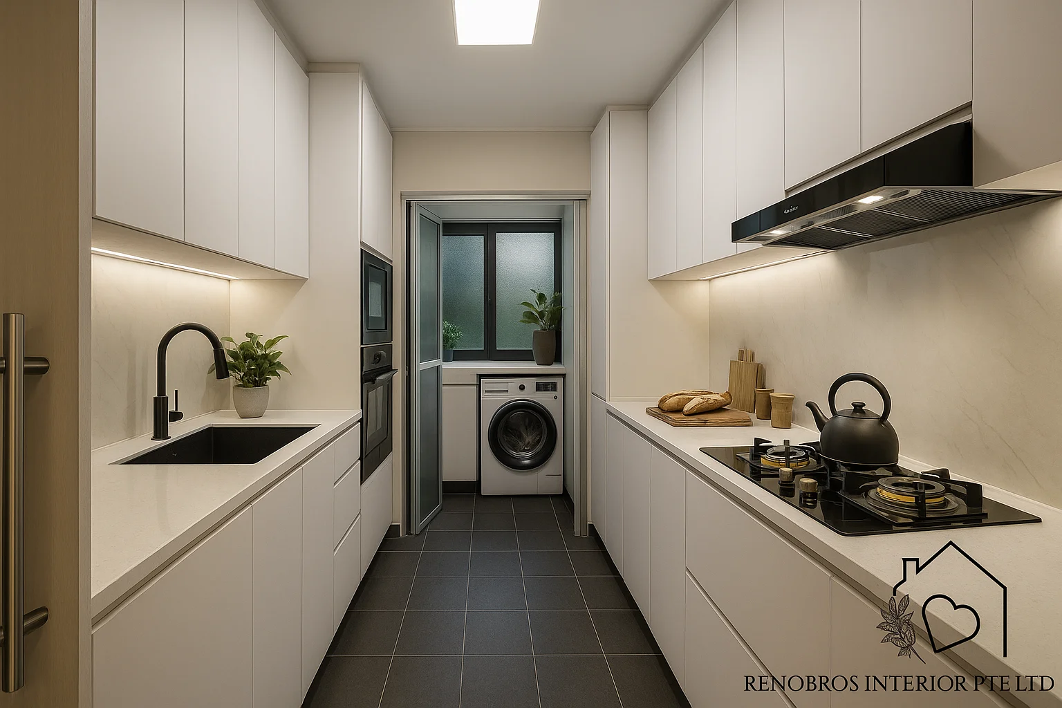 Punggol white galley kitchen with integrated washer and slim tall units