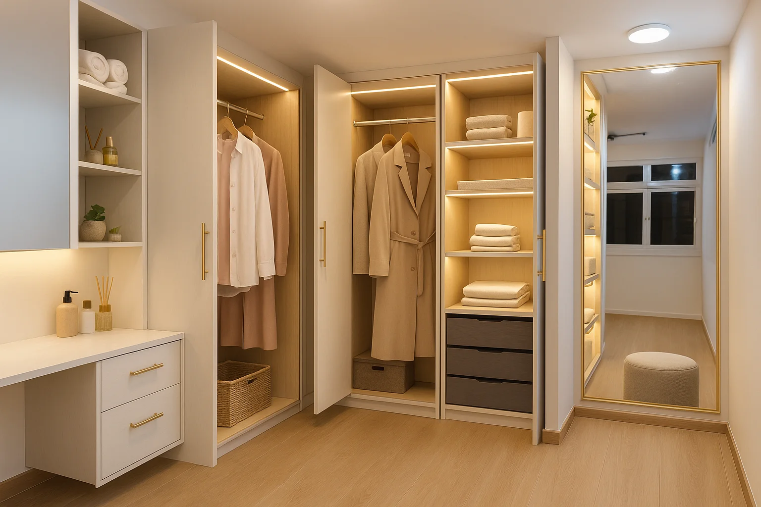 Punggol walk-in wardrobe with open shelving and drawer bank
