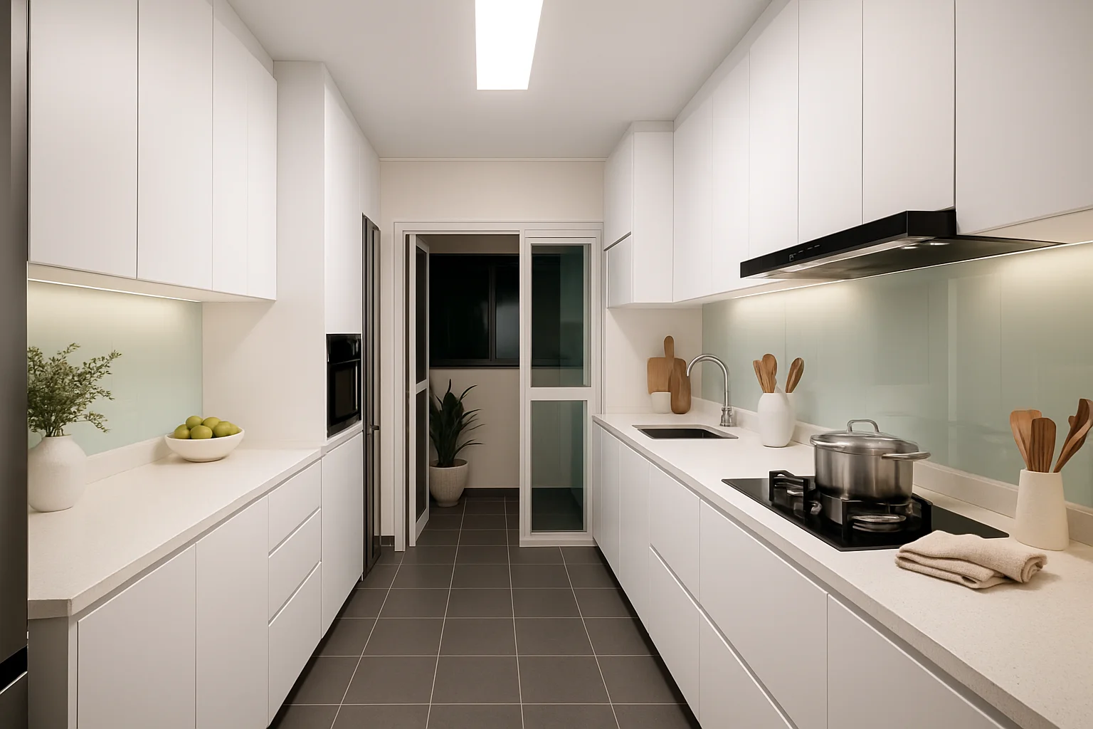 Punggol kitchen with black hood and white cabinetry
