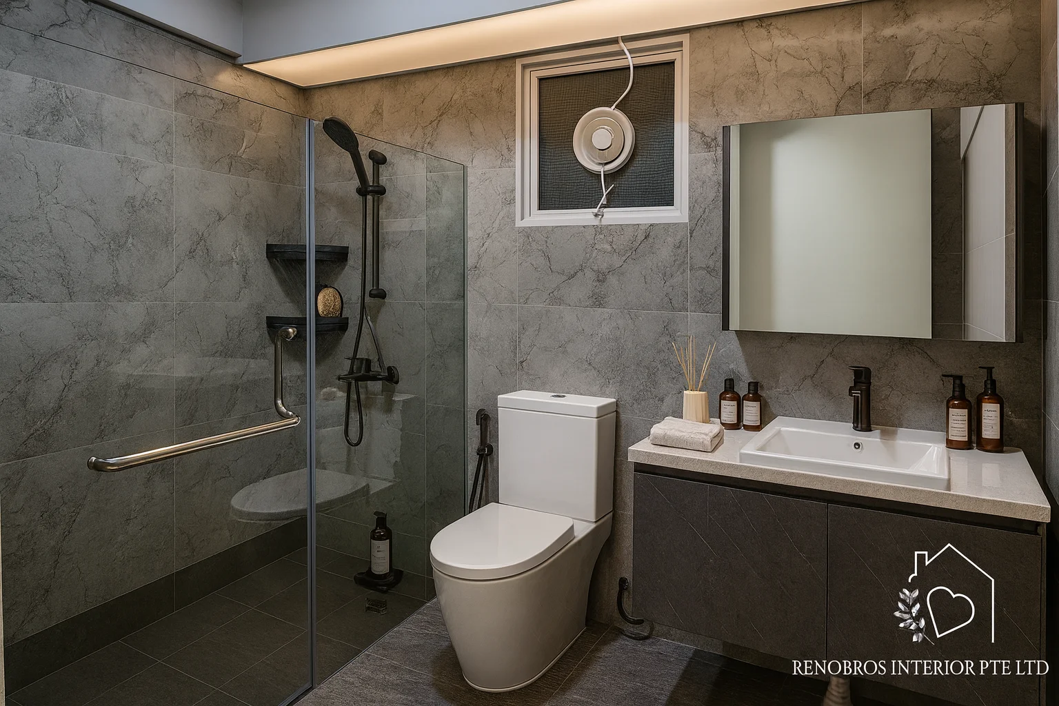 Punggol bathroom with double vanity and stone counter
