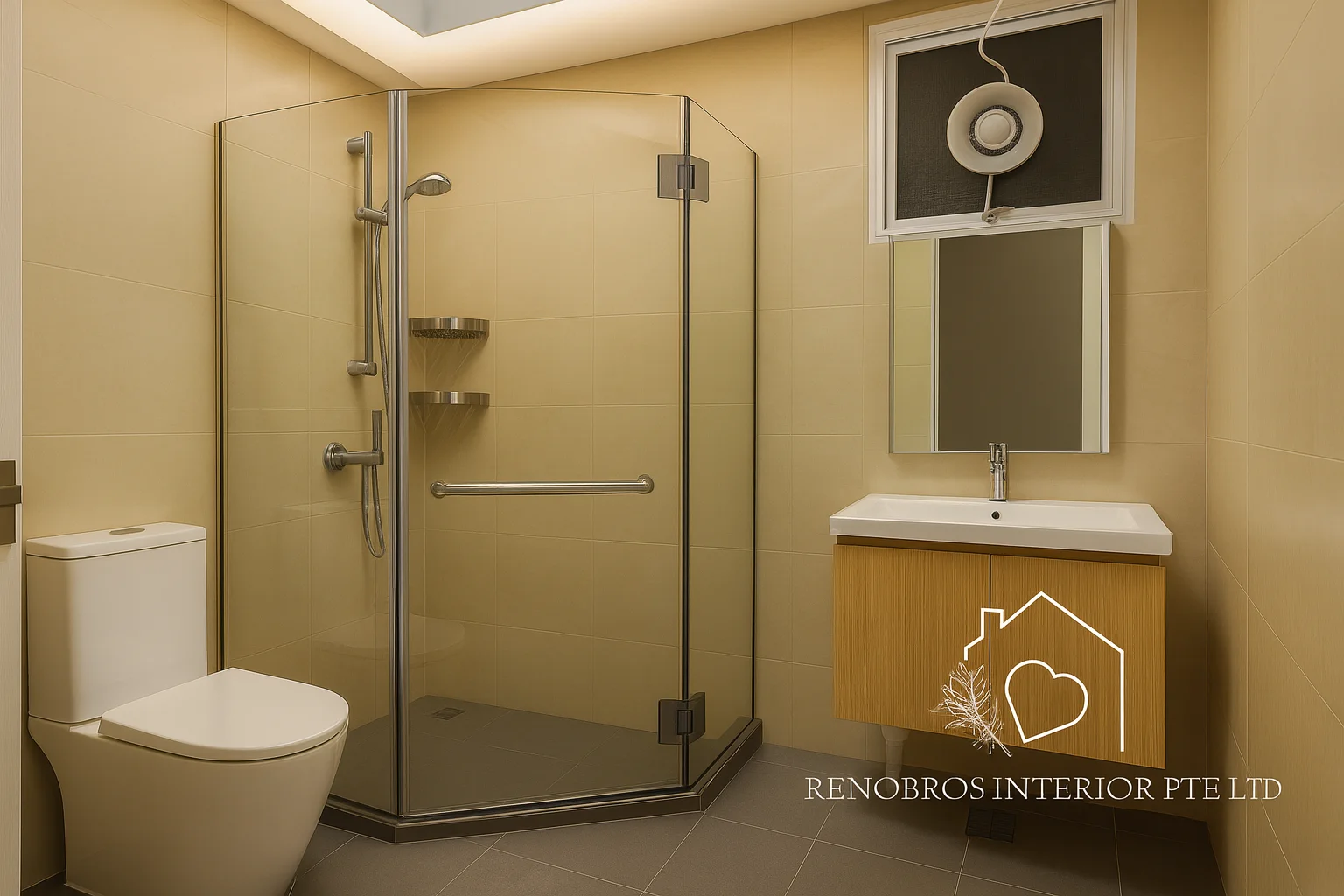 Punggol shower with framed glass screen and warm lighting