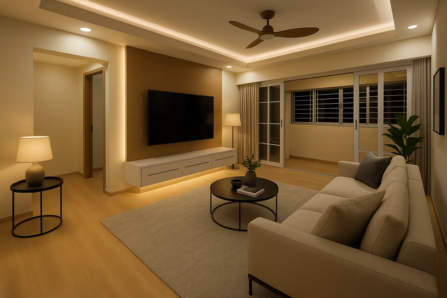 Tampines 5-room HDB living room with light timber feature wall