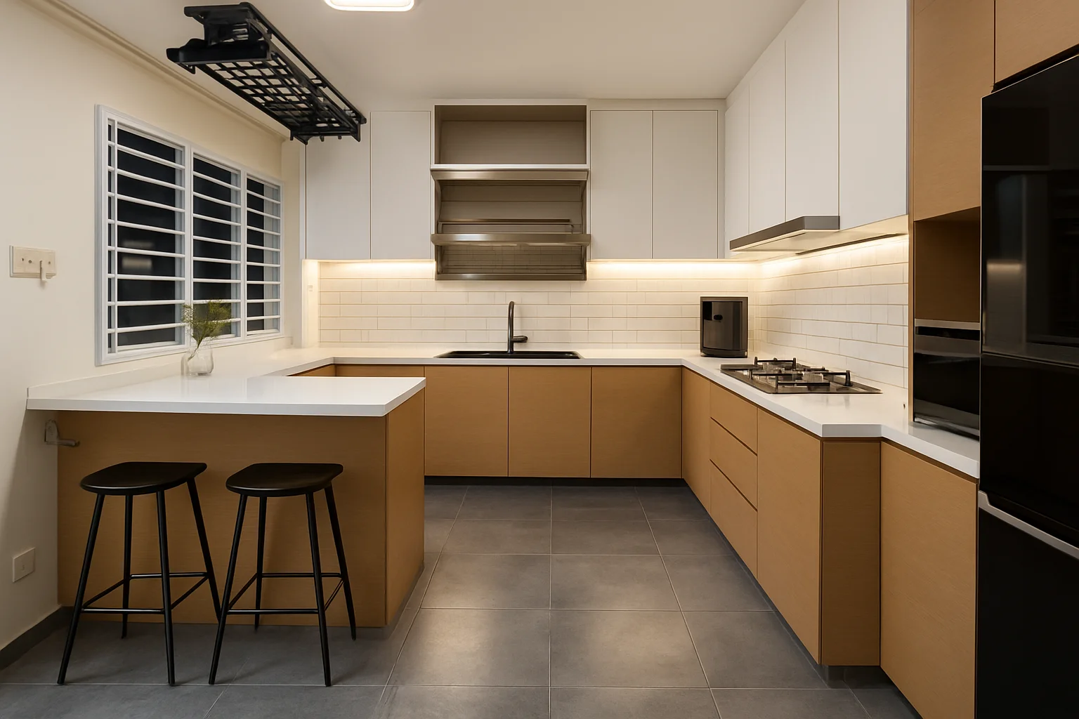 Tampines open-concept white and timber L-shaped kitchen with island seating