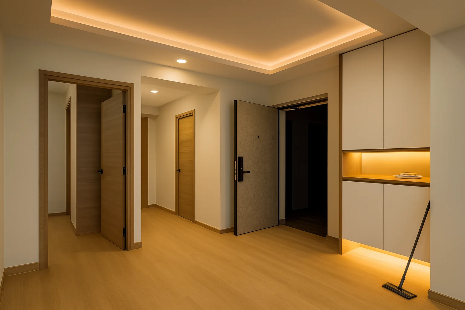Tampines corridor with timber panelling and concealed storage