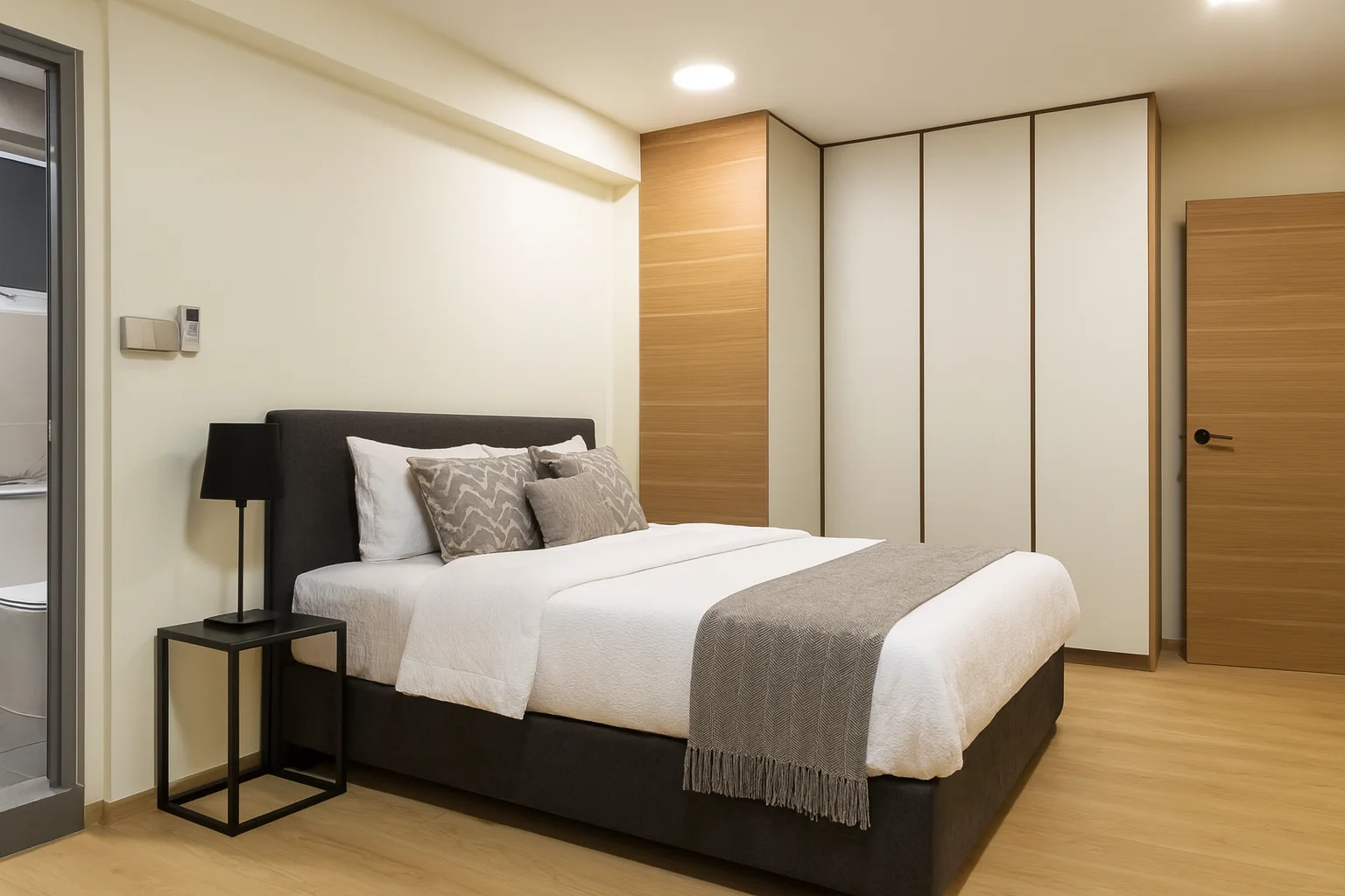 Tampines bedroom with built-in wardrobe and headboard carpentry