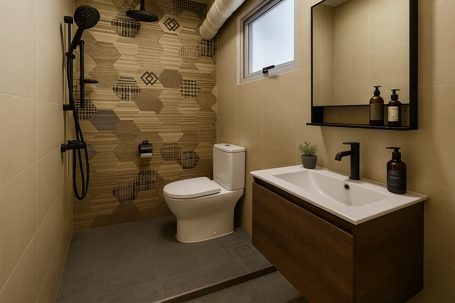 Tampines bathroom with stone feature wall and wall-hung sanitary ware