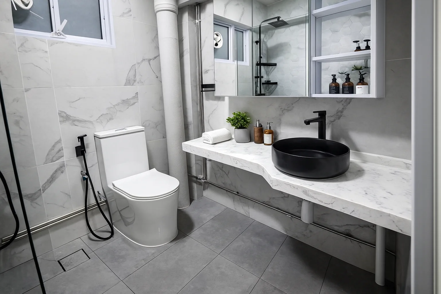 Tampines bathroom with marble surround and vessel basin